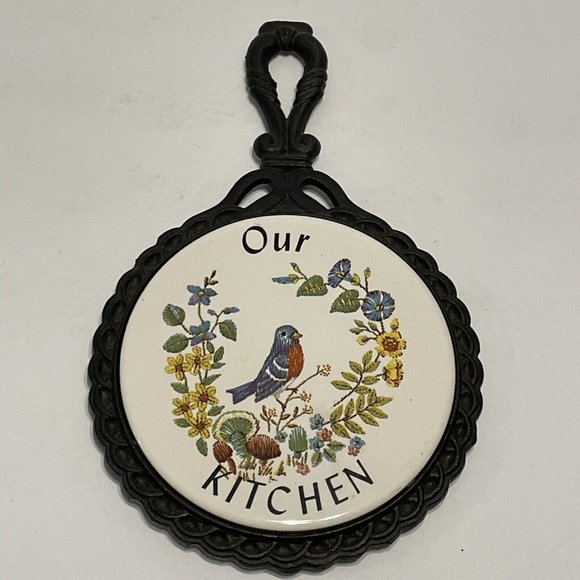 Vtg Mid-State Cast iron Ceramic Tile Our Kitchen Trivet CottageCore Bluebird - Picture 8 of 8